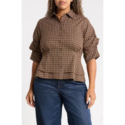 Wit & Wisdom Plaid Ruched Sleeve Peplum Shirt In Brown