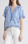 Wit & Wisdom Print Cotton Blend Top In White/cobalt Blue