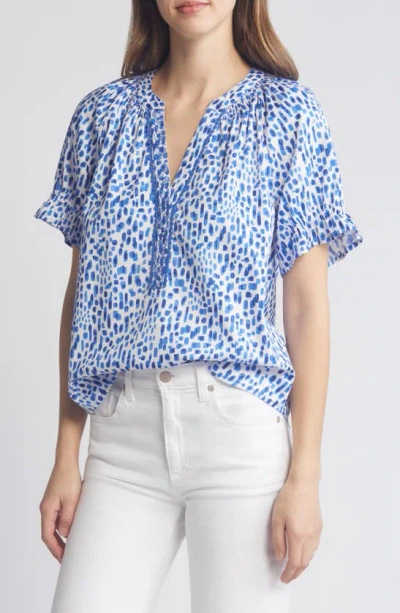 Wit & Wisdom Print Cotton Blend Top In White/ Cobalt Blue