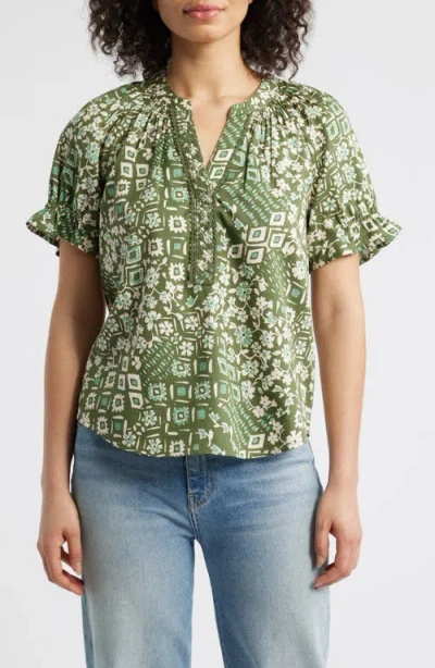 Wit & Wisdom Print Puff Sleeve Top In Rolling Hill Green Multi