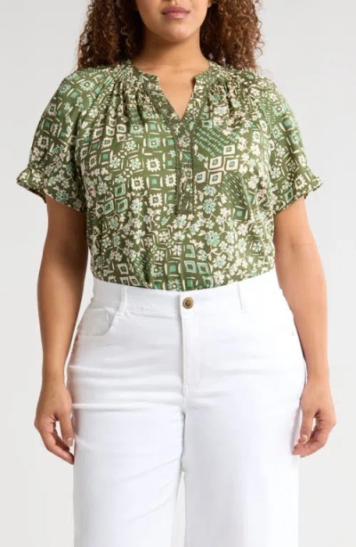 Wit & Wisdom Print Puff Sleeve Top In Rolling Hill Green Multi