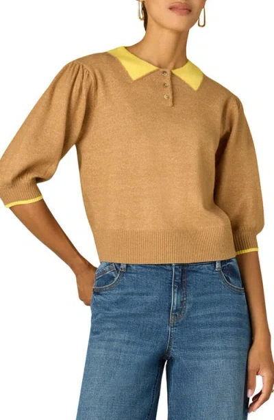 Wit & Wisdom Puff Shoulder Elbow Sleeve Henley Sweater In Brown