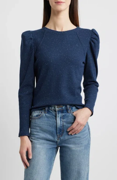 Wit & Wisdom Puff Shoulder Long Sleeve Thermal Top In Navy Multi