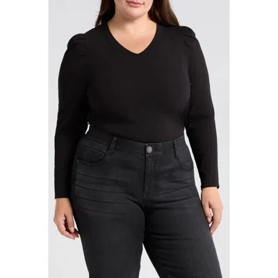 Wit & Wisdom Puff Shoulder Rib Top In Black