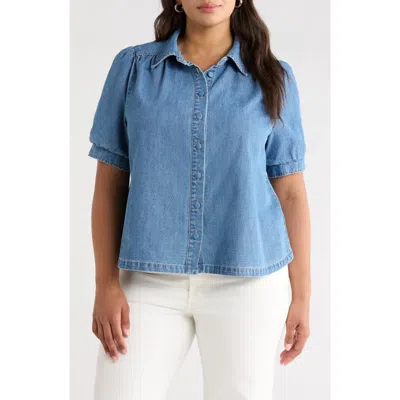 Wit & Wisdom Puff Sleeve Denim Shirt In Blue