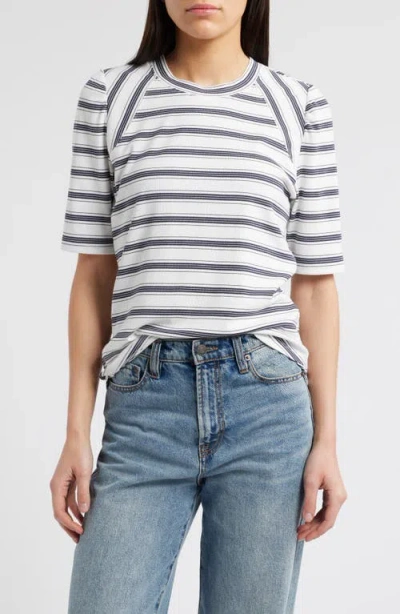 Wit & Wisdom Puff Sleeve Stripe Rib Top In Off White/navy