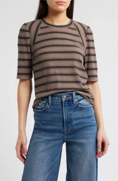 Wit & Wisdom Puff Sleeve Stripe Rib Top In Oyster Mushroom/black