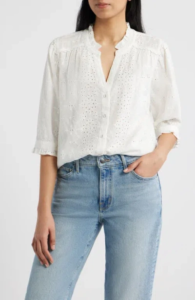 Wit & Wisdom Ruffle Collar Eyelet Button-up Shirt In White
