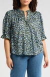 Wit & Wisdom Ruffle Lace Floral Print Top In Black/deep Seagrass Multi