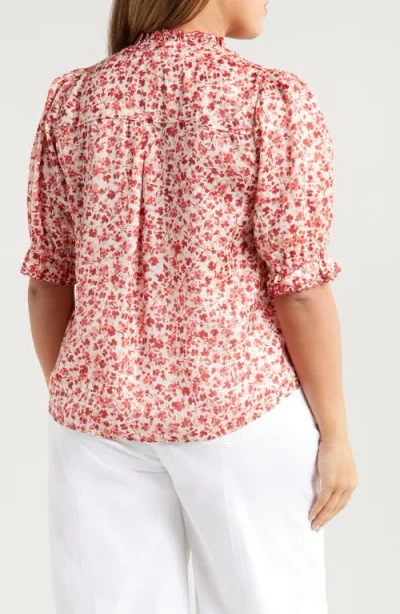 Wit & Wisdom Ruffle Lace Floral Print Top In Off White/poppy Red Multi