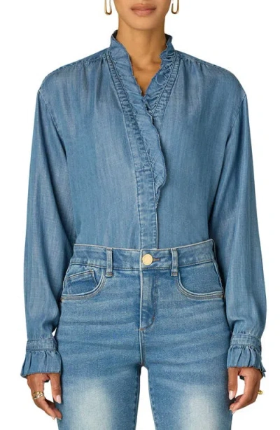 Wit & Wisdom Ruffle Neck Lyocell Chambray Shirt In Blue
