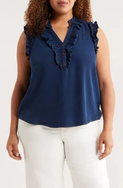 Wit & Wisdom Ruffle Trim Sleeveless Chambray Top In Blue
