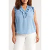 Wit & Wisdom Ruffle Trim Sleeveless Chambray Top In Blue
