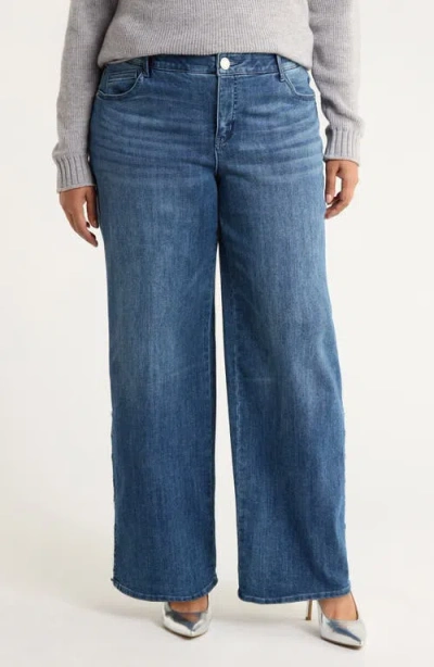 Wit & Wisdom Sam High Waist Faux Pearl Detail Wide Leg Jeans In Blue