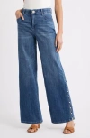 Wit & Wisdom Sam High Waist Faux Pearl Detail Wide Leg Jeans In Blue