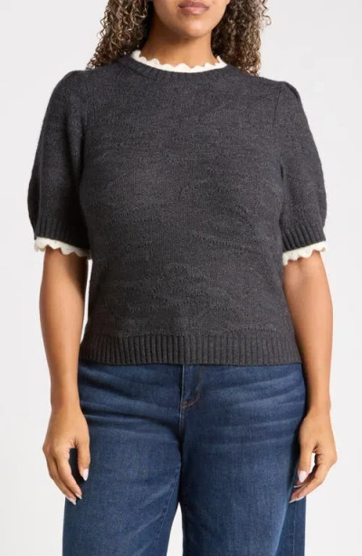 Wit & Wisdom Scallop Trim Puff Sleeve Sweater In Black