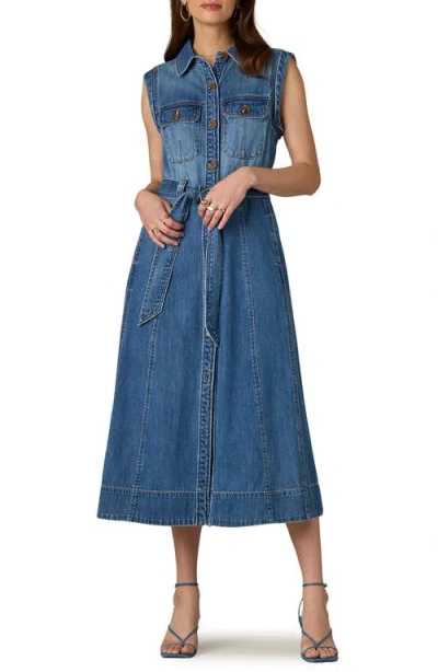 Wit & Wisdom Sleeveless Tie Belt Cotton Denim Shirtdress In Blue