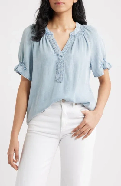 Wit & Wisdom Smocked Embroidered Chambray Top In Blue