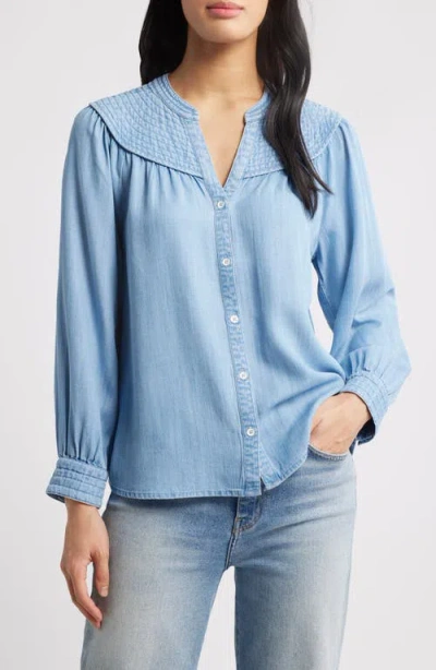 Wit & Wisdom Split Neck Balloon Sleeve Top In Light Blue