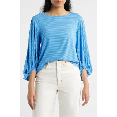 Wit & Wisdom Stripe Balloon Sleeve Knit Top In Blue