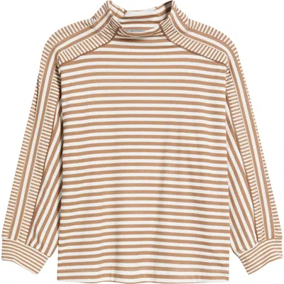 Wit & Wisdom Stripe Mock Neck Rib Top In Camel/off White