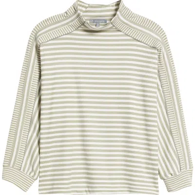 Wit & Wisdom Stripe Mock Neck Rib Top In Sage/off White