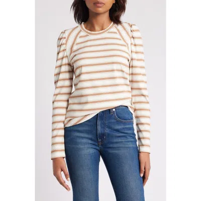 Wit & Wisdom Stripe Puff Shoulder Knit Top In Off White/ Sahara Sand