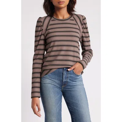 Wit & Wisdom Stripe Puff Shoulder Knit Top In Oyster Mushroom/ Black