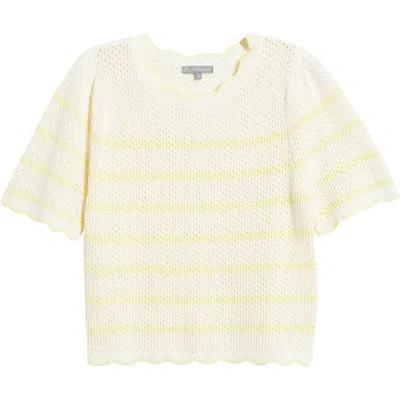 Wit & Wisdom Stripe Scallop Edge Short Sleeve Sweater In Ivory/sunny Lime