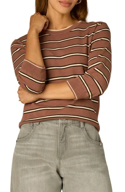 Wit & Wisdom Stripe Three Quarter Sleeve Crewneck Sweater In Brown