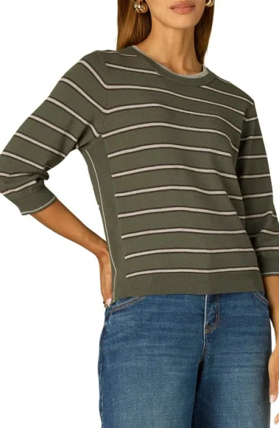 Wit & Wisdom Stripe Three Quarter Sleeve Crewneck Sweater In Green