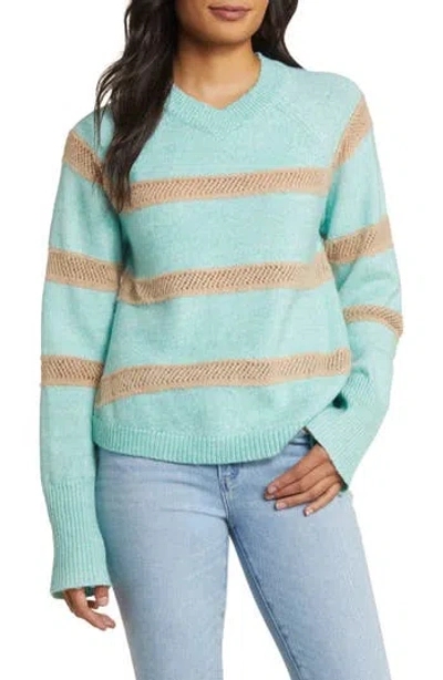 Wit & Wisdom Stripe V-neck Sweater In Teal Lagoon/natural