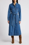 Wit & Wisdom Tie Waist Long Sleeve Denim Maxi Dress In Mid Blue