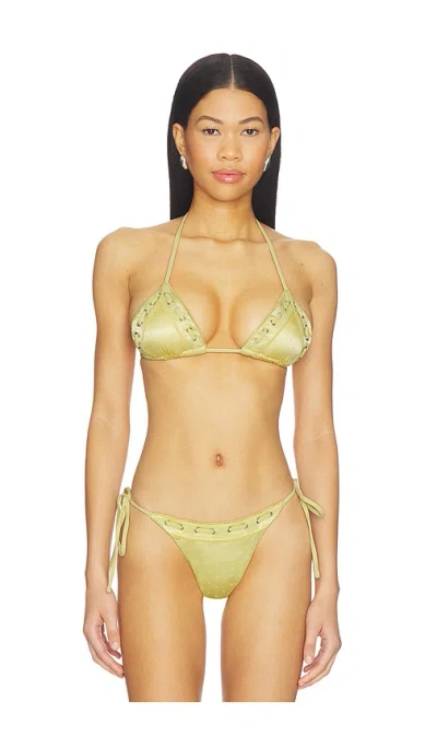 With Jean Juni Eyelet Lace Up Bikini Top In Green