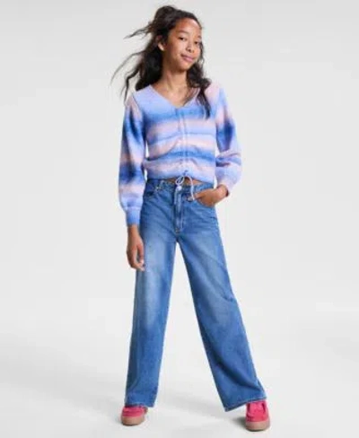 With Jules Kids' Big Girls Drawstring Rainbow Sweater Wide Leg Jeans In Blue