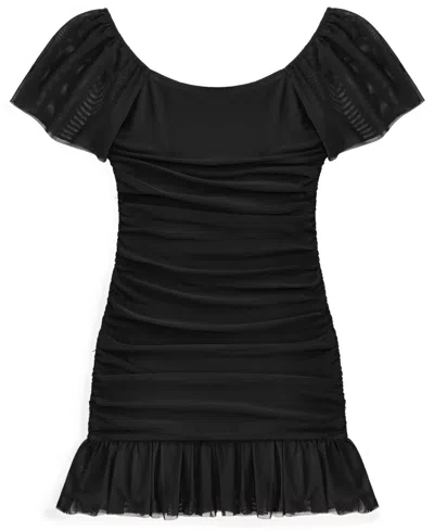With Jules Kids' Big Girls Ruched Flutter-sleeve Mesh Dress