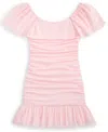 With Jules Big Girls Ruched Flutter-sleeve Mesh Dress In Light,pastel Pink