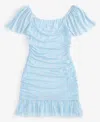 With Jules Big Girls Ruched Flutter-sleeve Mesh Dress In Open Blue
