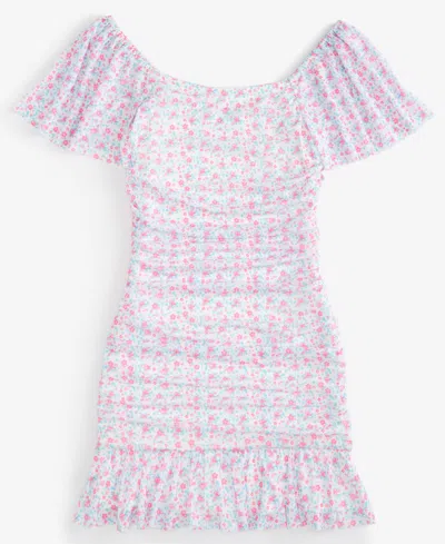 With Jules Kids' Big Girls Ruched Flutter-sleeve Mesh Dress In White Flor