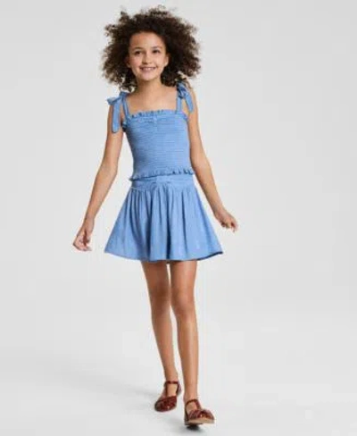 With Jules Kids' Big Girls Tie Shoulder Smocked Top Bow Waistband Skirt In Blue