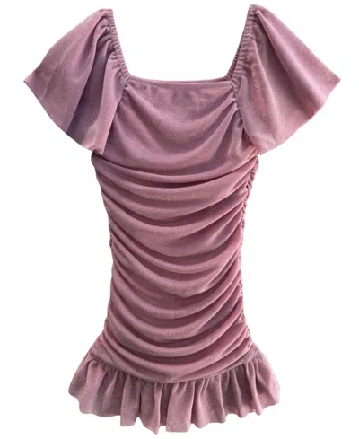 With Jules Kids' Girls' 7-16 Short-sleeve Ruched Glitter Knit Dress In Pink