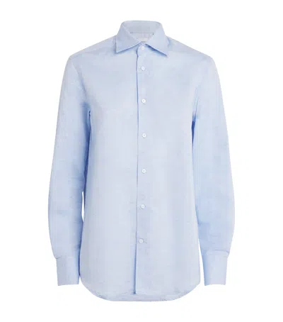 With Nothing Underneath Linen-cotton Weave The Boyfriend Shirt In Blue