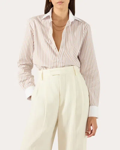 With Nothing Underneath Women's The Boyfriend Fine Poplin Stripe Contrast Button-up Top In Neutral