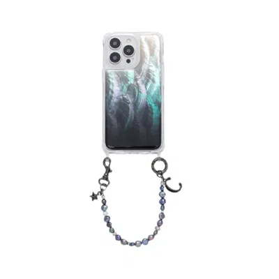 Wjy Studio London Black / Blue Iridescent Mother-of-pearl Luxe Phone Case Black Natural Pearl Chain Black Grey In Multi
