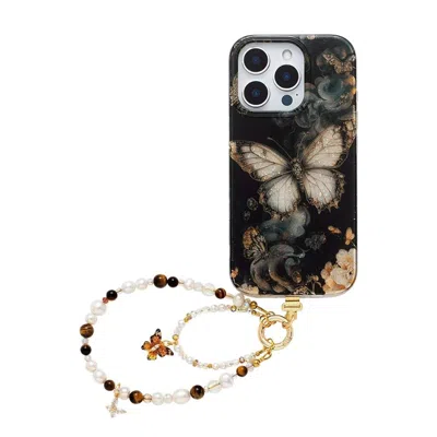 Wjy Studio London Black Iridescent Butterfly Phone Case With Pearl Strap In Metallic