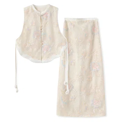 Wjy Studio London Embroidery White Flower Cream Pink Wedding Co Set