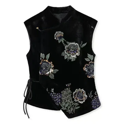 Wjy Studio London Women's Neutrals / Black / Silver Embroidery Flowers Black Velvet Fitted Vest Cardigan In Multi