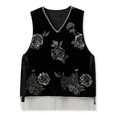 Wjy Studio London Women's Neutrals / Black / Silver Embroidery Flowers Black Velvet Vest Pullover In Multi