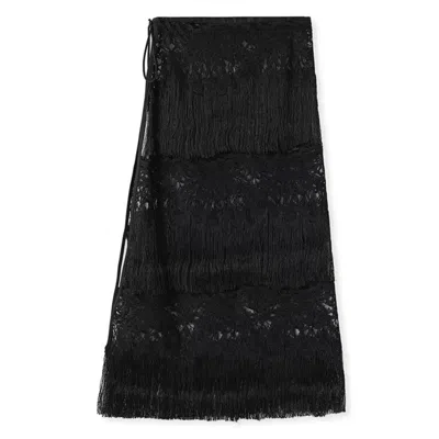 Wjy Studio London Women's Poetic Embroidery Black  Tassel Outer Layer Floral Patchwork Midi Skirt Dress