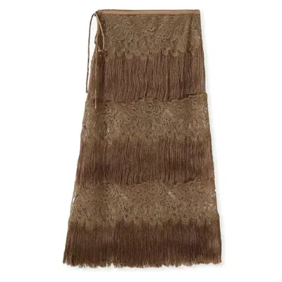 Wjy Studio London Women's Poetic Embroidery Brown Tassel Outer Layer Floral Patchwork Midi Skirt Dress